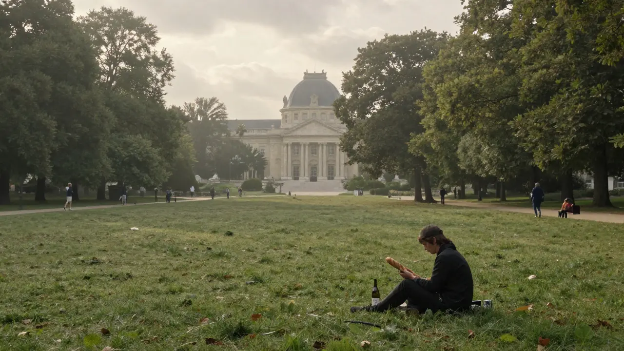 Someone sitting alone in a peaceful Paris park with bread and wine, surrounded by trees.
