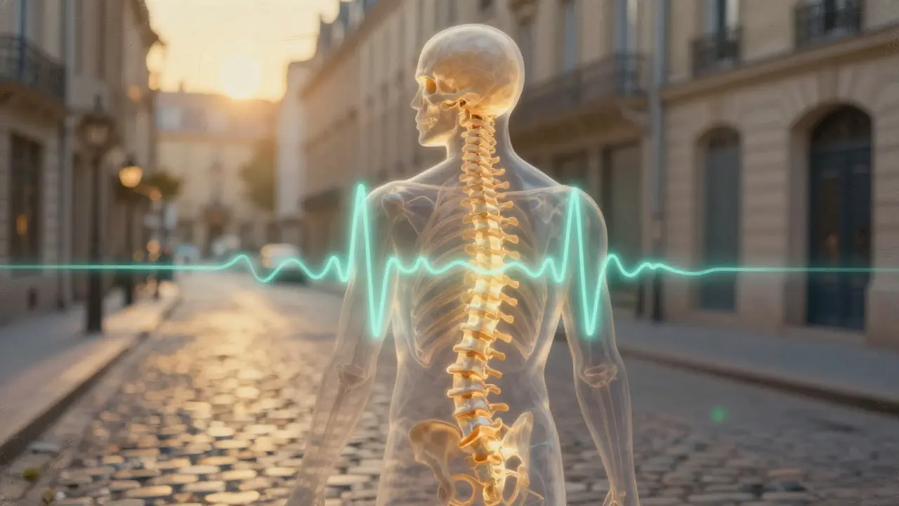 Translucent figure with glowing neural rhythms over Paris