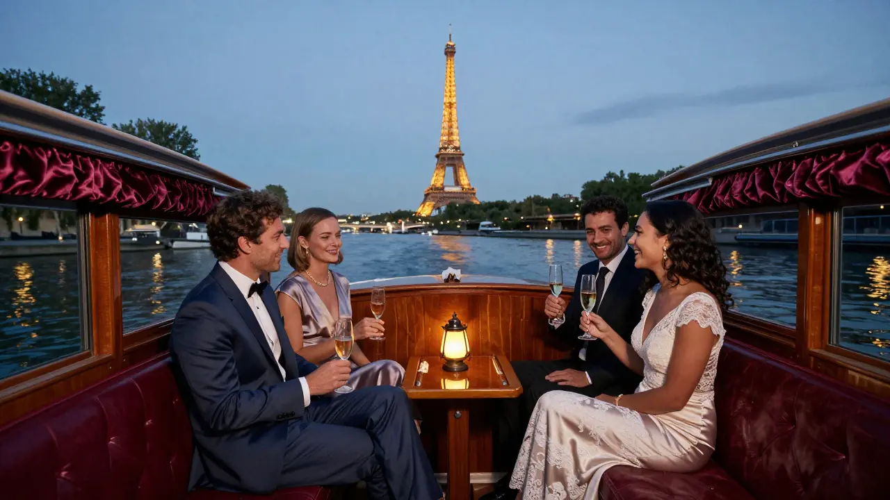 Two couples enjoying champagne on a quiet evening boat cruise along the Seine, with the Eiffel Tower in the distance.