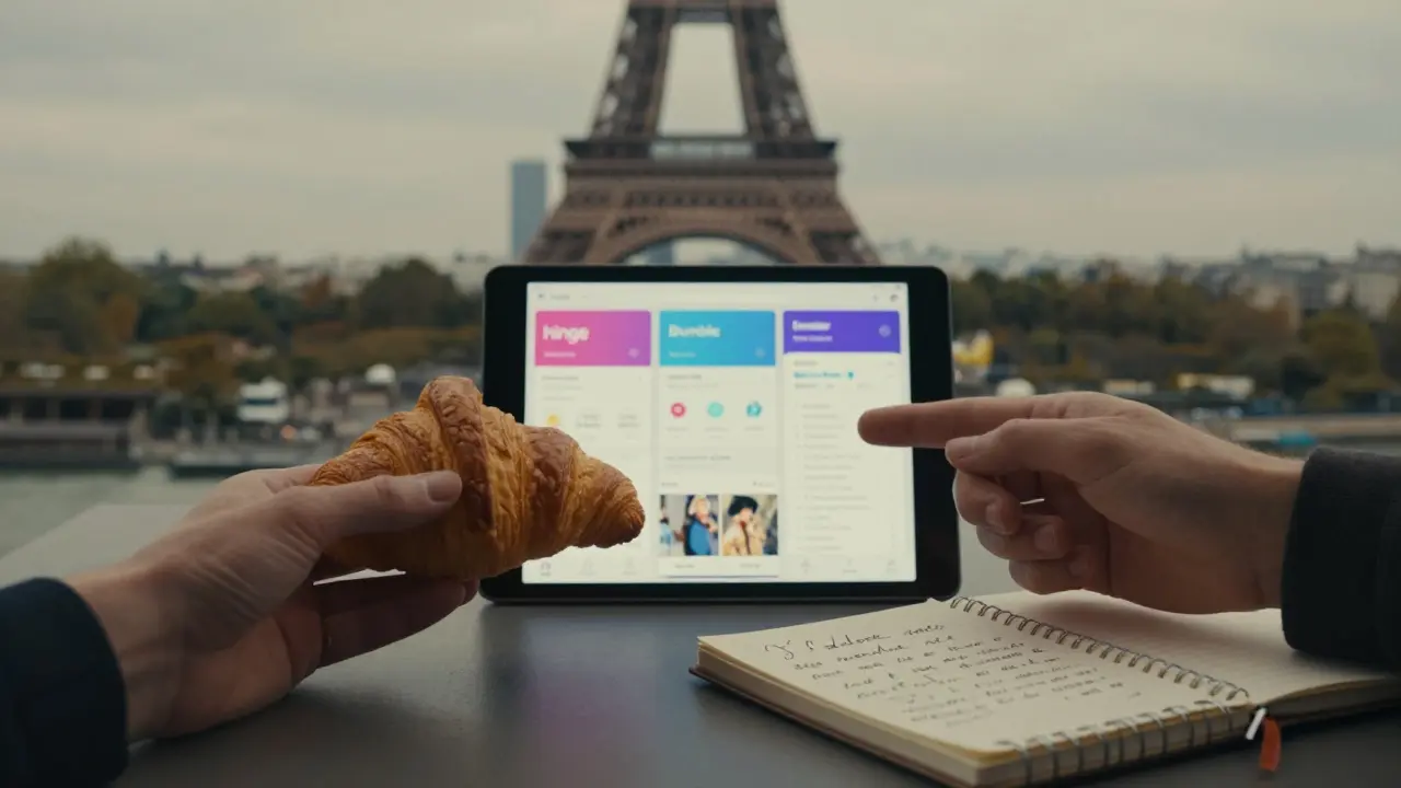 Two hands reaching across a café table—one holding a croissant, the other a notebook with French writing—while app interfaces glow softly in the background.