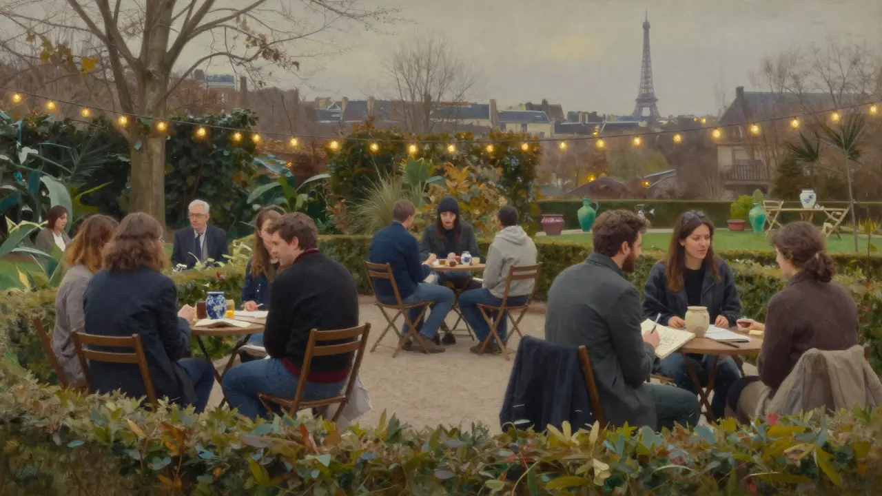 Two people in a garden setting during a Paris speed dating event, soft twilight and handmade ceramics around them.
