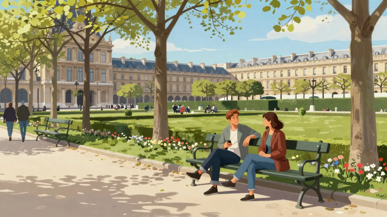Two people relaxing on a bench in the Tuileries Garden, Paris.