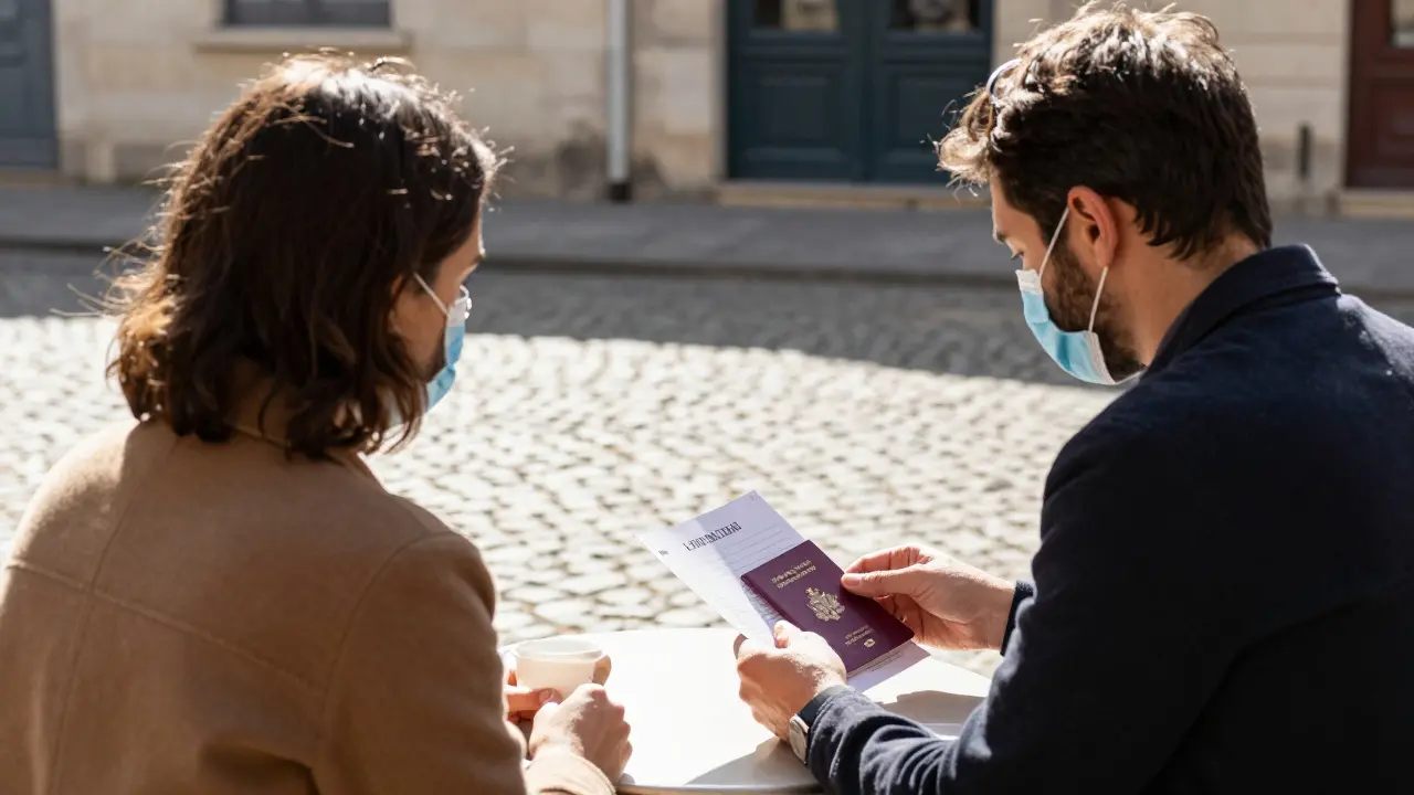Two people reviewing ID at an outdoor café table.