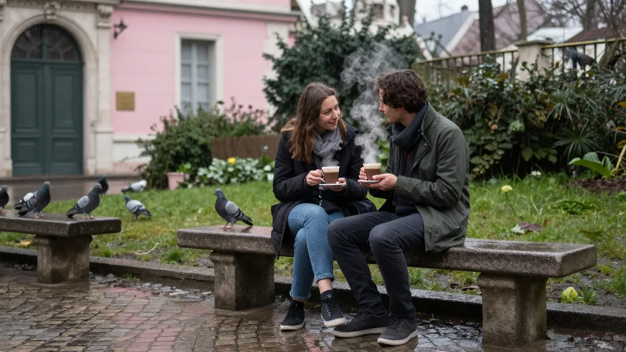 Two people sit together in Montmartre’s garden on a rainy Sunday, hot chocolate in hand, pigeons nearby, soft light filtering through falling rain.