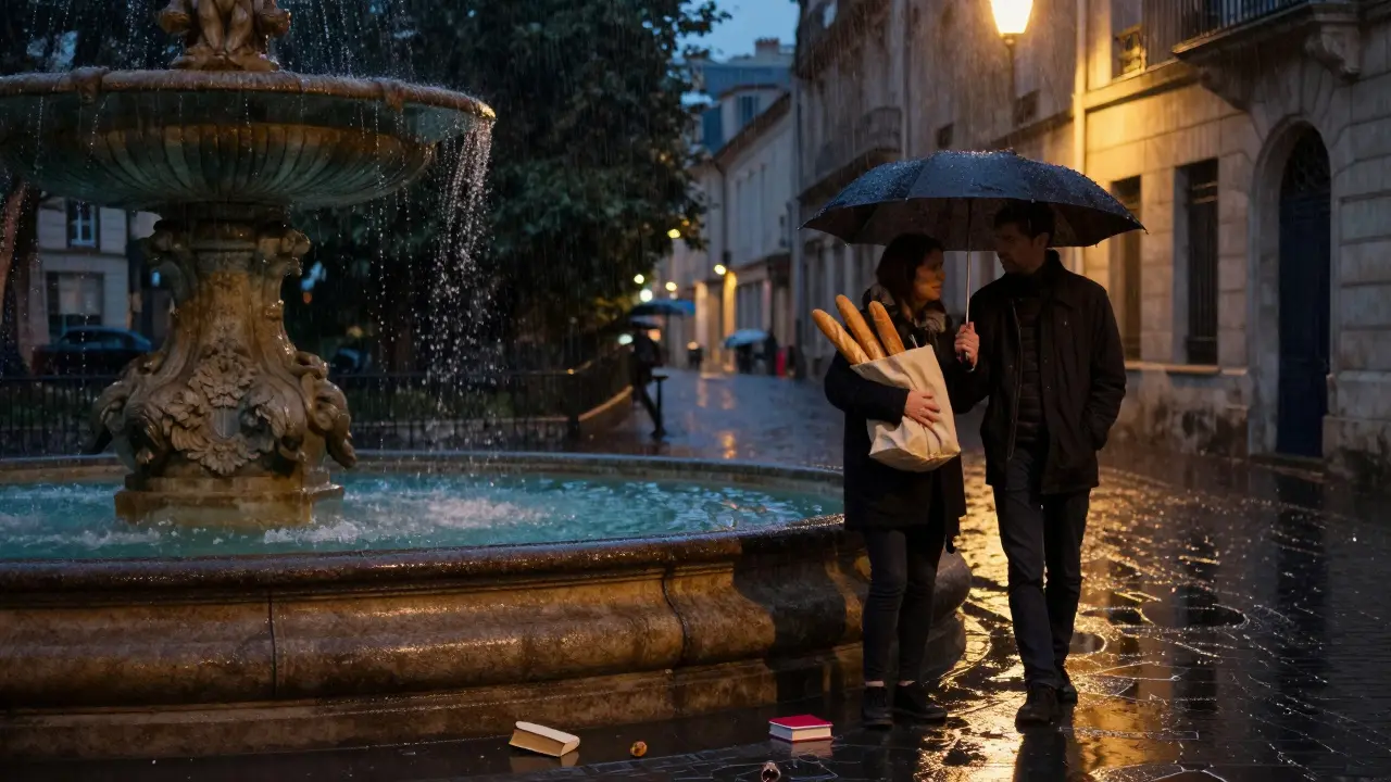 Two strangers sharing an umbrella in the rain beside an ancient fountain, baguettes in hand.