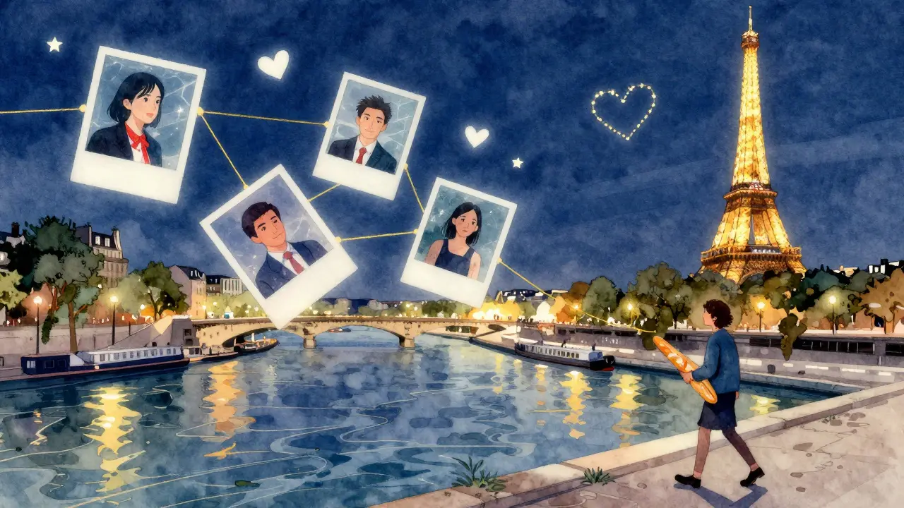 Watercolor illustration of floating international profiles above the Seine, connected by golden threads to a person walking with a baguette under the Eiffel Tower.