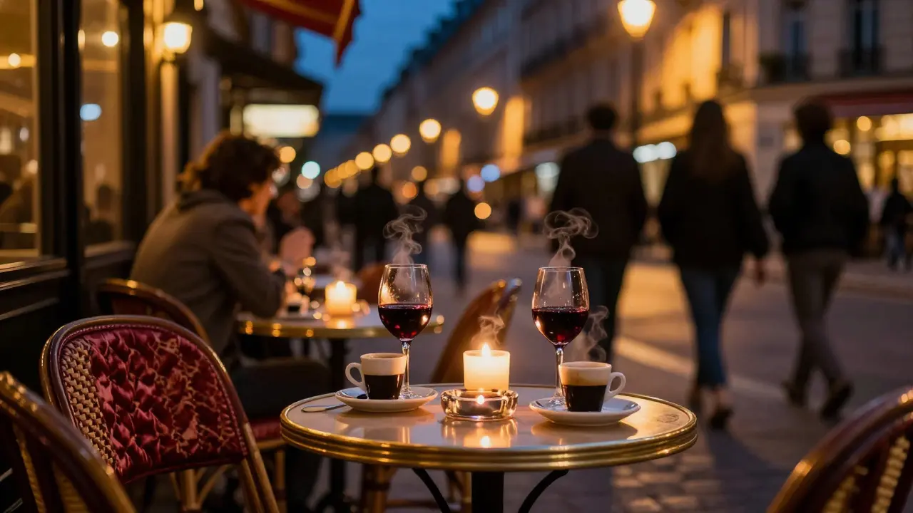 Wine glasses on candlelit Paris café terrace at twilight with city lights
