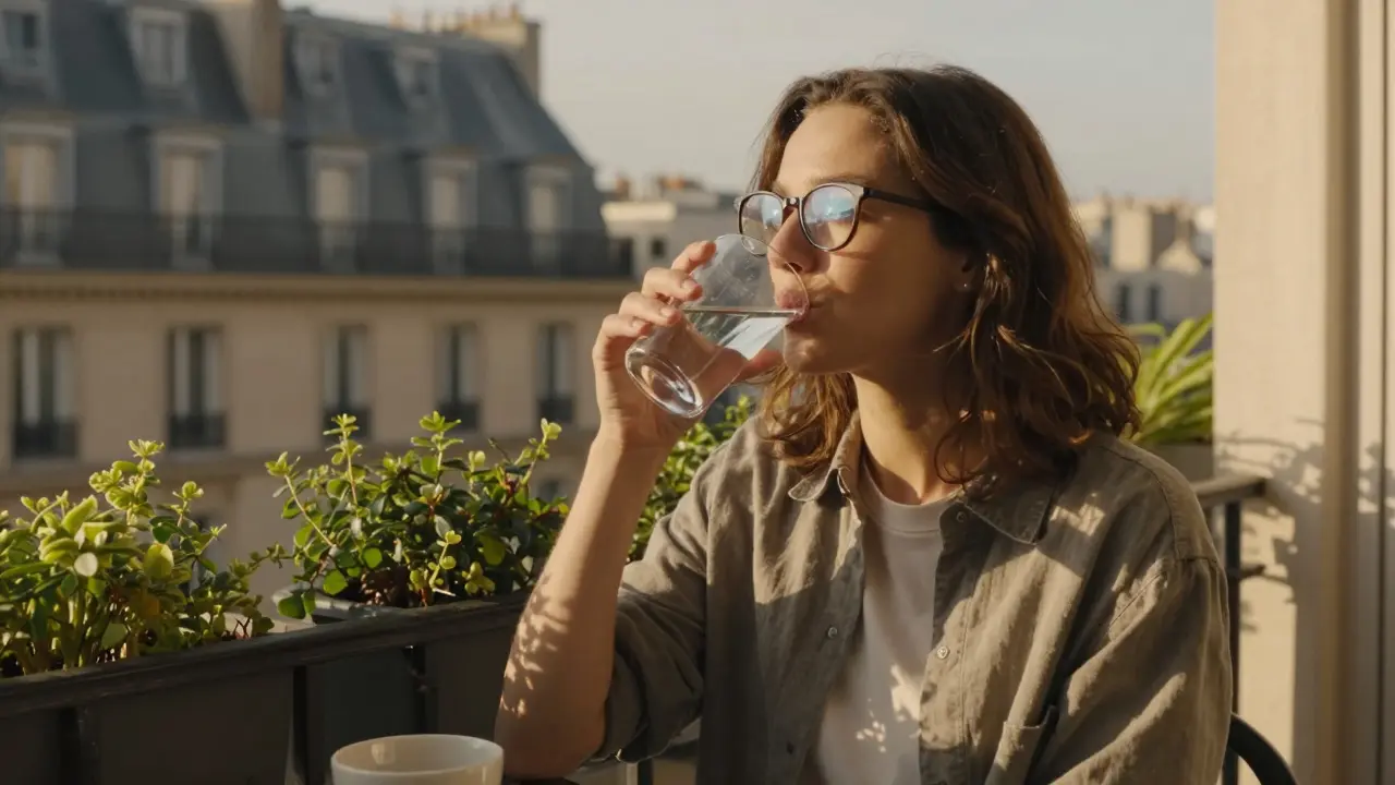 Woman drinking water on Paris balcony