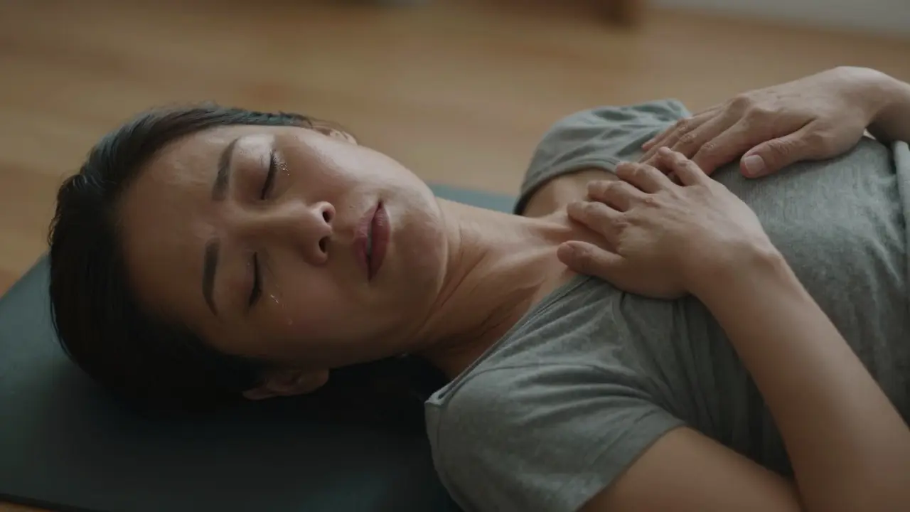 Woman tearfully relaxed during Thai massage, hands resting on chest as therapist supports her back.